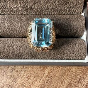 Vintage XL Emerald Cut Aquamarine Leaf Cage Ring